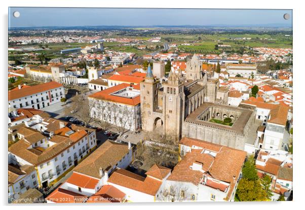 Evora drone aerial view on a sunny day with historic buildings city center and church in Alentejo, Portugal Acrylic by Luis Pina