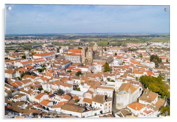 Evora drone aerial view on a sunny day with historic buildings city center and church in Alentejo, Portugal Acrylic by Luis Pina