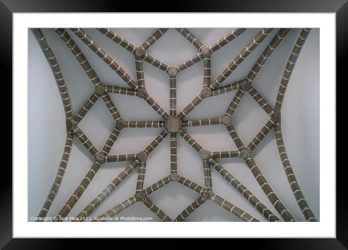 White and stone ceiling of Evora church in Alentejo, Portugal Framed Mounted Print by Luis Pina