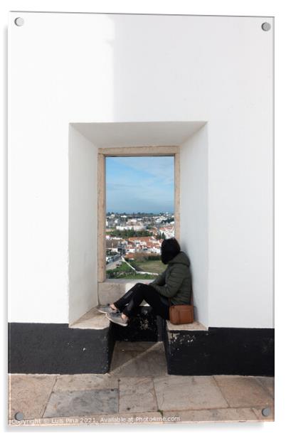 Woman girl traveler sit and looking through a white wall window Estremoz city and Alentejo landscape, in Portugal Acrylic by Luis Pina
