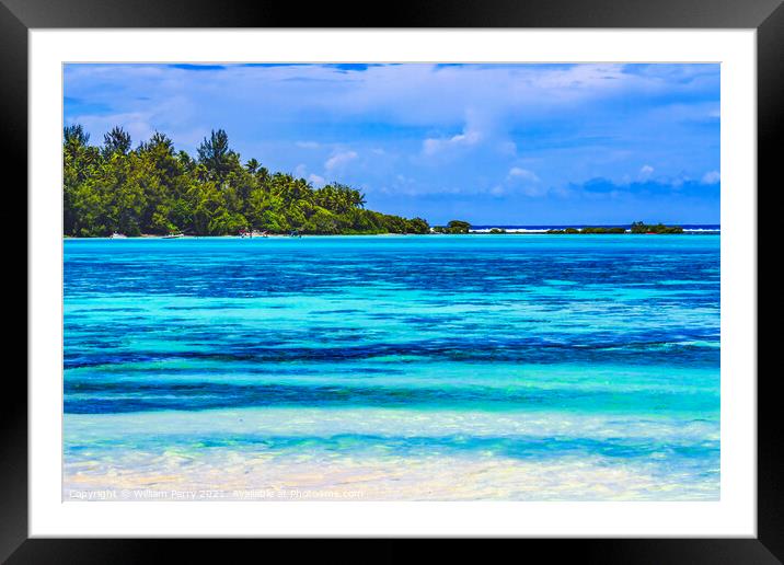 Colorful Beach Island Palm Trees Coral Reefs Blue Water Moorea T Framed Mounted Print by William Perry