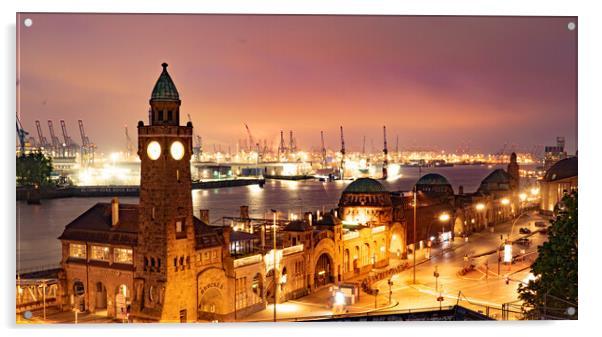 Famous St Pauli Landungsbruecken at the port of Hamburg - amazing evening view - CITY OF HAMBURG , GERMANY - MAY 10, 2021 Acrylic by Erik Lattwein