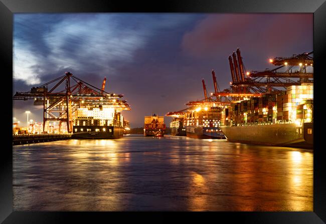 Port of Hamburg with its huge container terminals by night - CIT Framed Print by Erik Lattwein