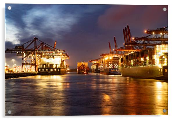 Port of Hamburg with its huge container terminals by night - CIT Acrylic by Erik Lattwein
