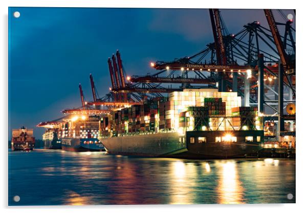 Port of Hamburg with its huge container terminals by night - CITY OF HAMBURG, GERMANY - MAY 10, 2021 Acrylic by Erik Lattwein