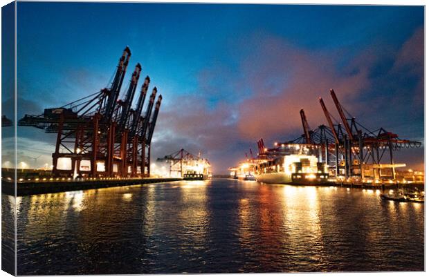 Port of Hamburg with its huge container terminals by night - CITY OF HAMBURG, GERMANY - MAY 10, 2021 Canvas Print by Erik Lattwein