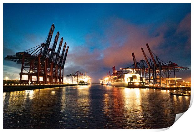 Port of Hamburg with its huge container terminals by night - CITY OF HAMBURG, GERMANY - MAY 10, 2021 Print by Erik Lattwein