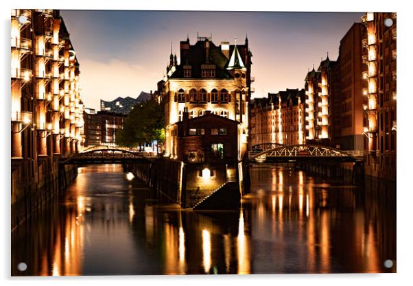 Historic warehouse district in the city of Hamburg by night - CITY OF HAMBURG, GERMANY - MAY 10, 2021 Acrylic by Erik Lattwein