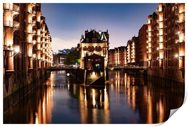 Historic warehouse district in the city of Hamburg by night - CITY OF HAMBURG, GERMANY - MAY 10, 2021 Print by Erik Lattwein