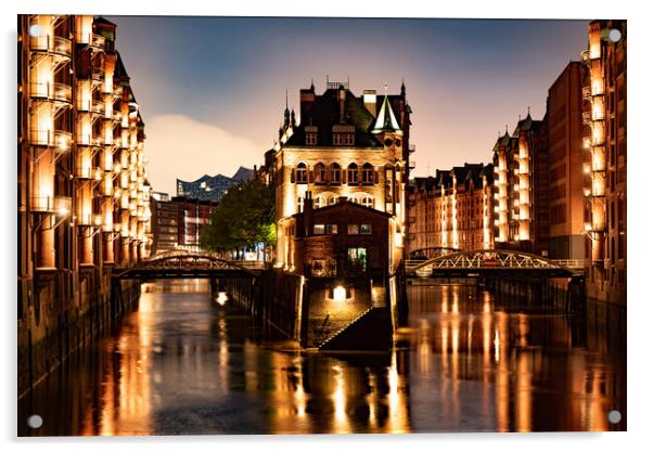 Historic warehouse district in the city of Hamburg by night - CITY OF HAMBURG, GERMANY - MAY 10, 2021 Acrylic by Erik Lattwein