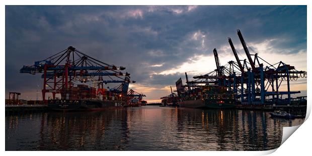 Port of Hamburg with its huge container terminals by night - CITY OF HAMBURG, GERMANY - MAY 10, 2021 Print by Erik Lattwein