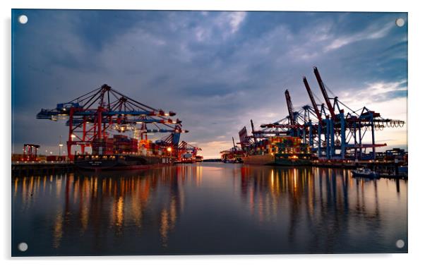 Port of Hamburg in the evening in the back light - CITY OF HAMBURG, GERMANY - MAY 10, 2021 Acrylic by Erik Lattwein