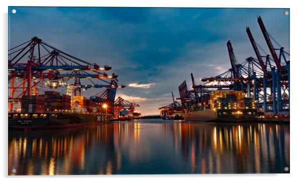 Huge loading cranes in the port of Hamburg by night - CITY OF HAMBURG, GERMANY - MAY 10, 2021 Acrylic by Erik Lattwein
