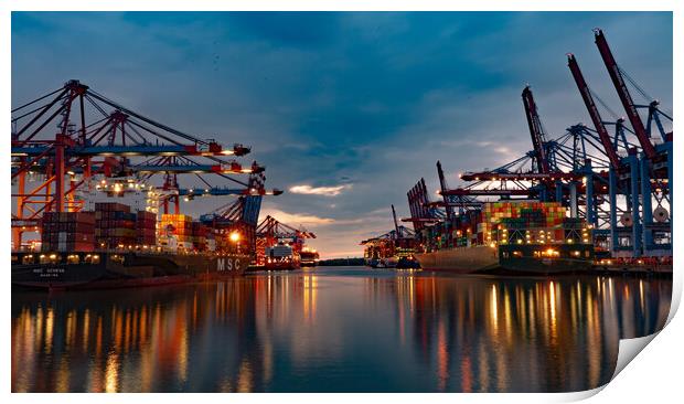Huge loading cranes in the port of Hamburg by night - CITY OF HAMBURG, GERMANY - MAY 10, 2021 Print by Erik Lattwein
