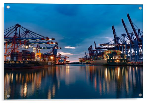 Port of Hamburg in the evening in the back light - CITY OF HAMBURG, GERMANY - MAY 10, 2021 Acrylic by Erik Lattwein