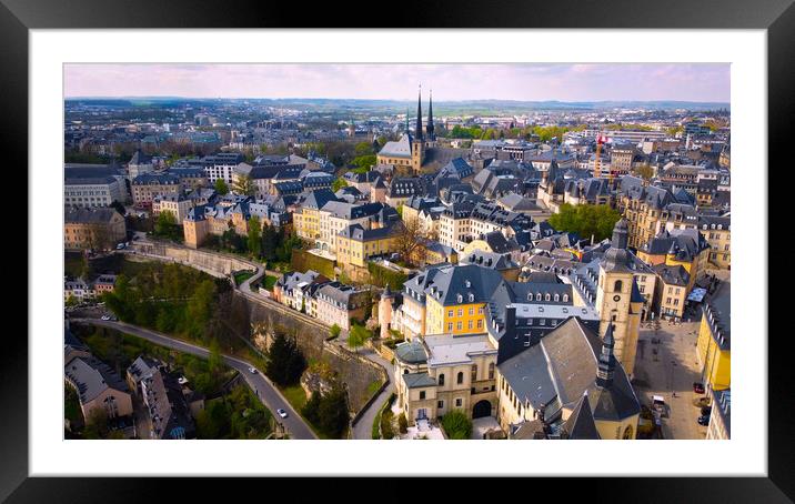 Aerial view over the city of Luxemburg with its beautiful old town district Framed Mounted Print by Erik Lattwein