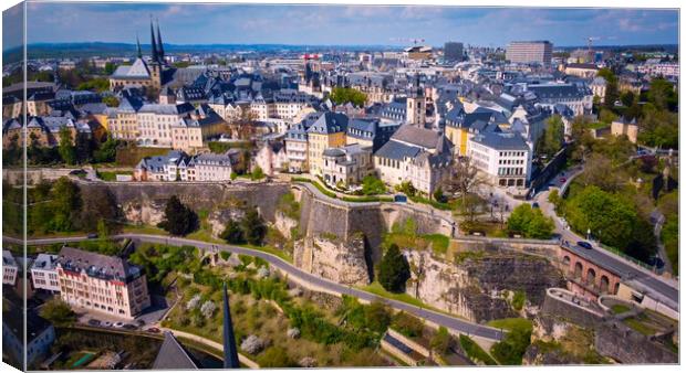 Aerial view over the city of Luxemburg with its beautiful old town district Canvas Print by Erik Lattwein