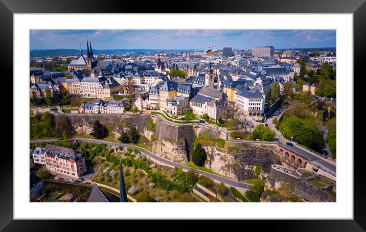 Aerial view over the city of Luxemburg with its beautiful old town district Framed Mounted Print by Erik Lattwein