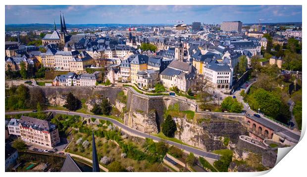 Aerial view over the city of Luxemburg with its beautiful old town district Print by Erik Lattwein