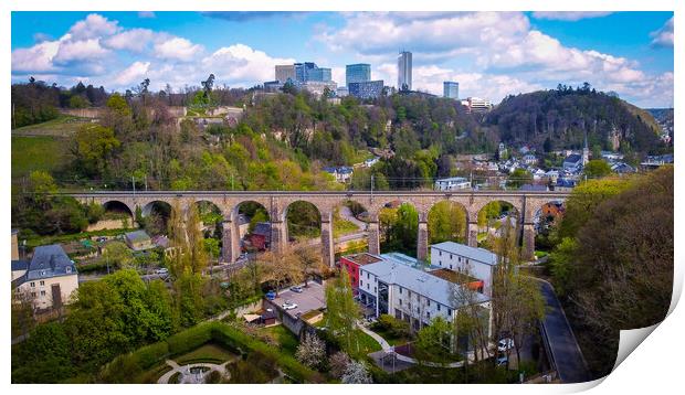 The famous viaduct in the city of Luxemburg from above Print by Erik Lattwein