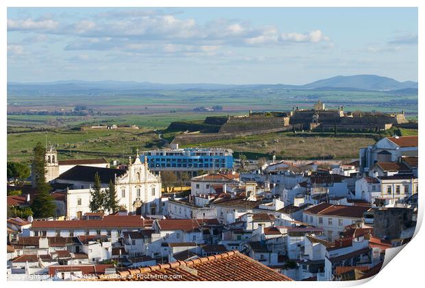 Elvas city inside the fortress wall in Alentejo with Santa Luzia fortress on the background, Portugal Print by Luis Pina