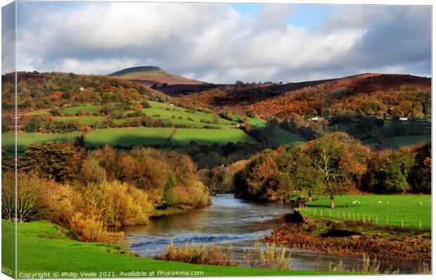 Sugar Loaf and River Usk in Autumn. Canvas Print by Philip Veale