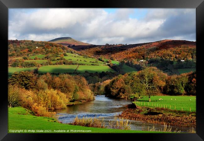 Sugar Loaf and River Usk in Autumn. Framed Print by Philip Veale