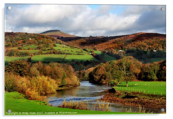 Sugar Loaf and River Usk in Autumn. Acrylic by Philip Veale