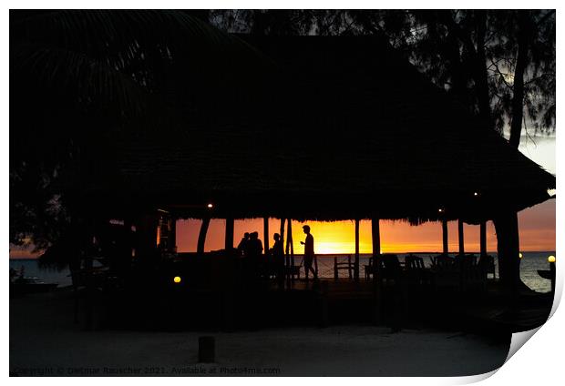 Silhouette of a Beach Bar against a Romantic Sunset Print by Dietmar Rauscher