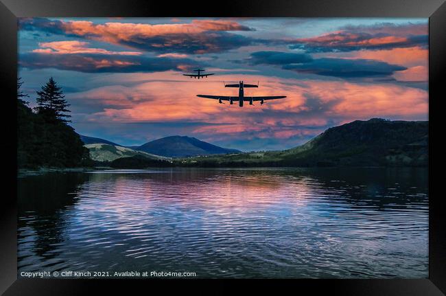 Lancasters on an evening mission Framed Print by Cliff Kinch