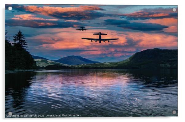 Lancasters on an evening mission Acrylic by Cliff Kinch