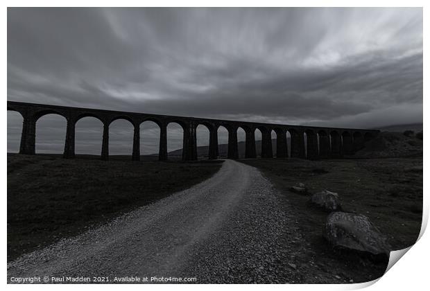 Ribblehead Viaduct and path - black and white Print by Paul Madden