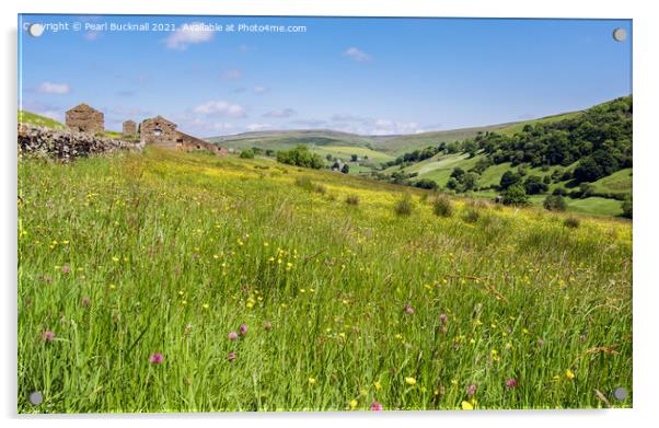 Swaledale Flower Meadow Yorkshire Dales Summer Acrylic by Pearl Bucknall
