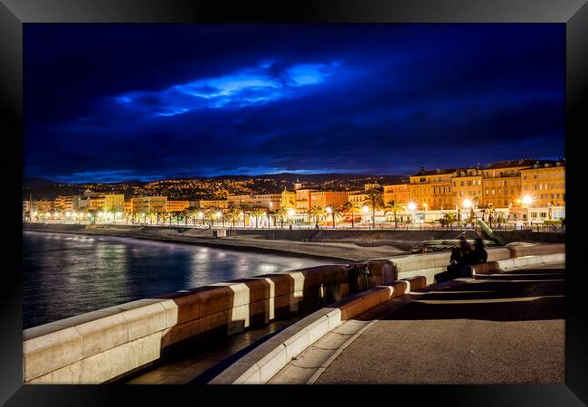 City Skyline of Nice in France at Night Framed Print by Artur Bogacki