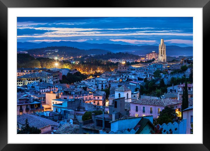 City of Girona at Blue Hour Framed Mounted Print by Artur Bogacki