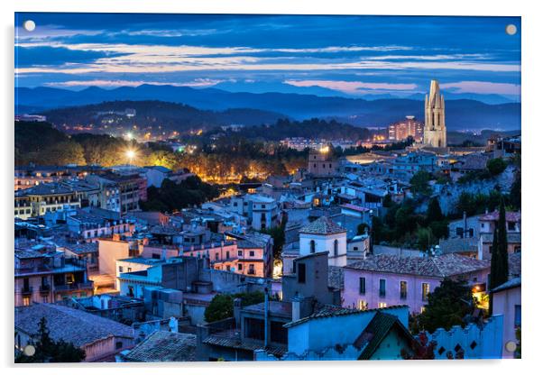 City of Girona at Blue Hour Acrylic by Artur Bogacki