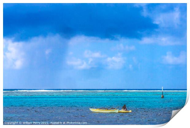Rain Storm Coming Canoe Blue Water Moorea Tahiti Print by William Perry