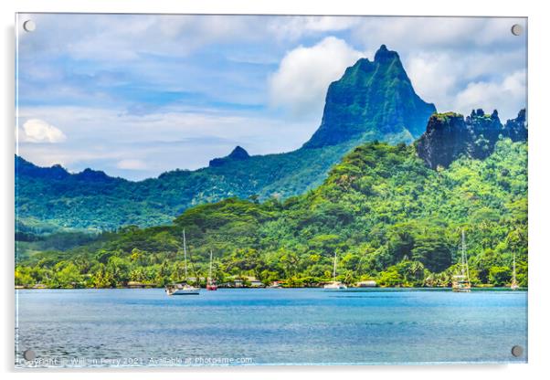 Colorful Cook's Bay Sailboats Mount Tohivea Moorea Tahiti Acrylic by William Perry