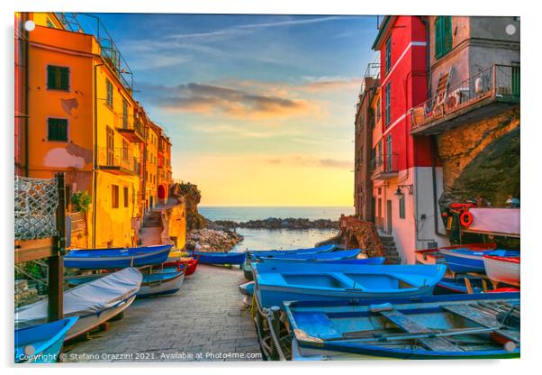 Boats in Riomaggiore. Cinque Terre Acrylic by Stefano Orazzini