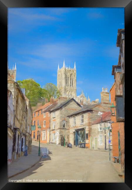 The Strait and Steep Hill Lincoln Cathedral behind Framed Print by Allan Bell