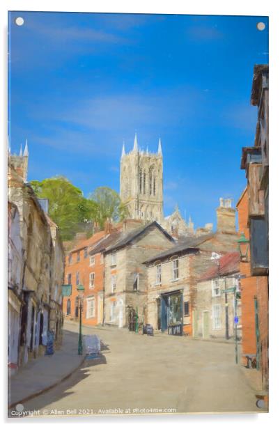 The Strait and Steep Hill Lincoln Cathedral behind Acrylic by Allan Bell