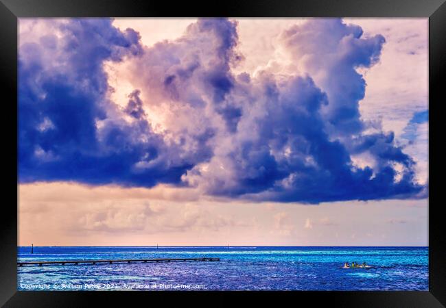 Colorful Large White Cloud Boat Blue Water Moorea Tahiti Framed Print by William Perry