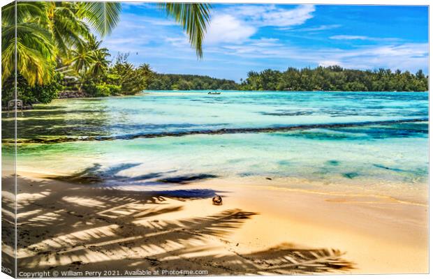 Colorful Hauru Point Beach Palm Trees Blue Water Moorea Tahiti Canvas Print by William Perry