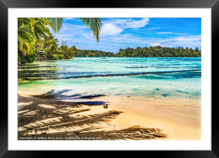 Colorful Hauru Point Beach Palm Trees Blue Water Moorea Tahiti Framed Mounted Print by William Perry