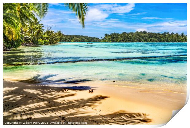 Colorful Hauru Point Beach Palm Trees Blue Water Moorea Tahiti Print by William Perry