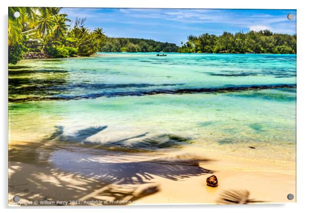 Colorful Hauru Point Palm Trees Islands Blue Water Moorea Tahiti Acrylic by William Perry