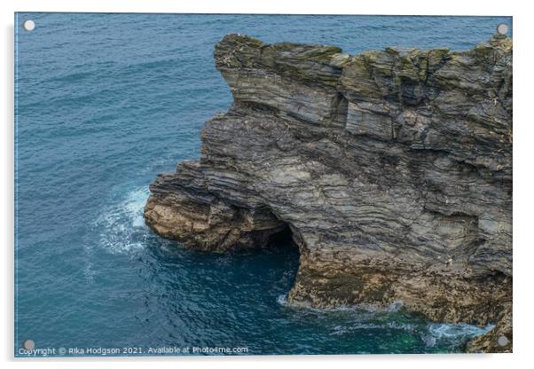 Seascape, Rock Caves in ocean, Portreath, Cornwall Acrylic by Rika Hodgson