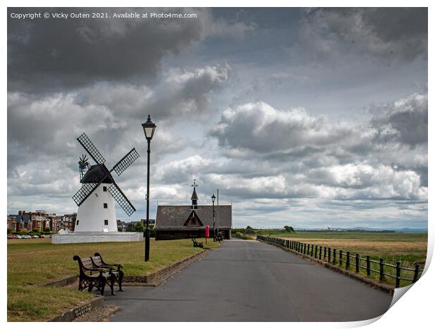Lytham Windmill & Old Lifeboat House Print by Vicky Outen