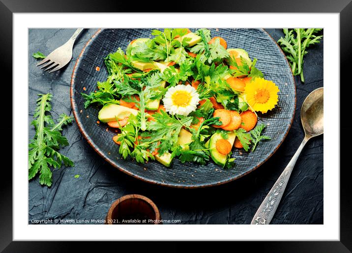 Diet salad with chrysanthemum leaves and avocado Framed Mounted Print by Mykola Lunov Mykola