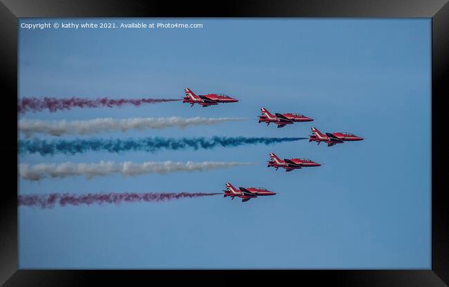 Red arrows in a cornish sky,smoke trails,  Framed Print by kathy white